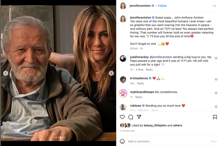 Jennifer Aniston Mourns Her Father John Aniston's Death In Sweet Instagram Tribute