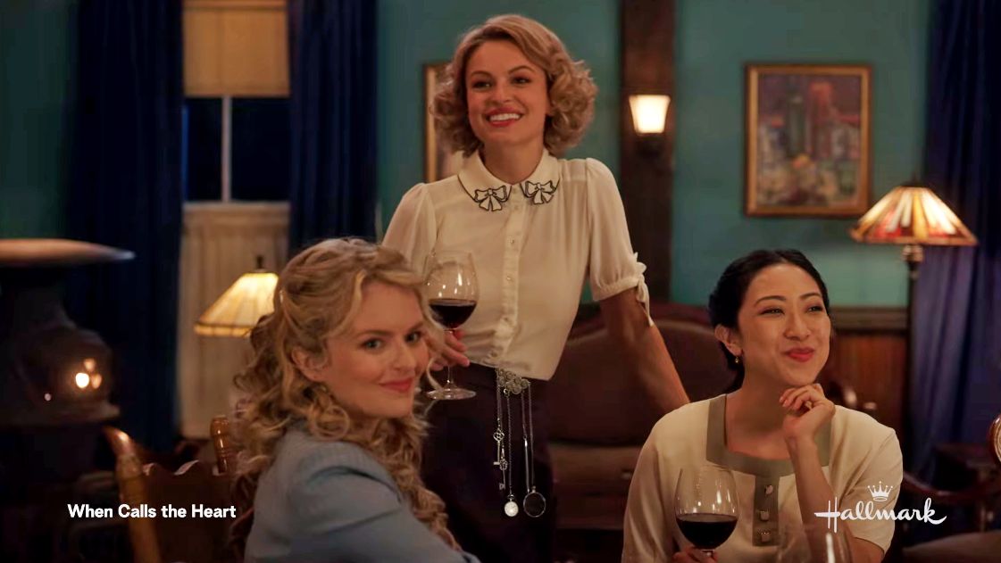 Faith (Andrea Brooks, Fiona (Kayla Wallace) and Mei (Amanda Wong) in When Calls the Heart season 10 on Hallmark