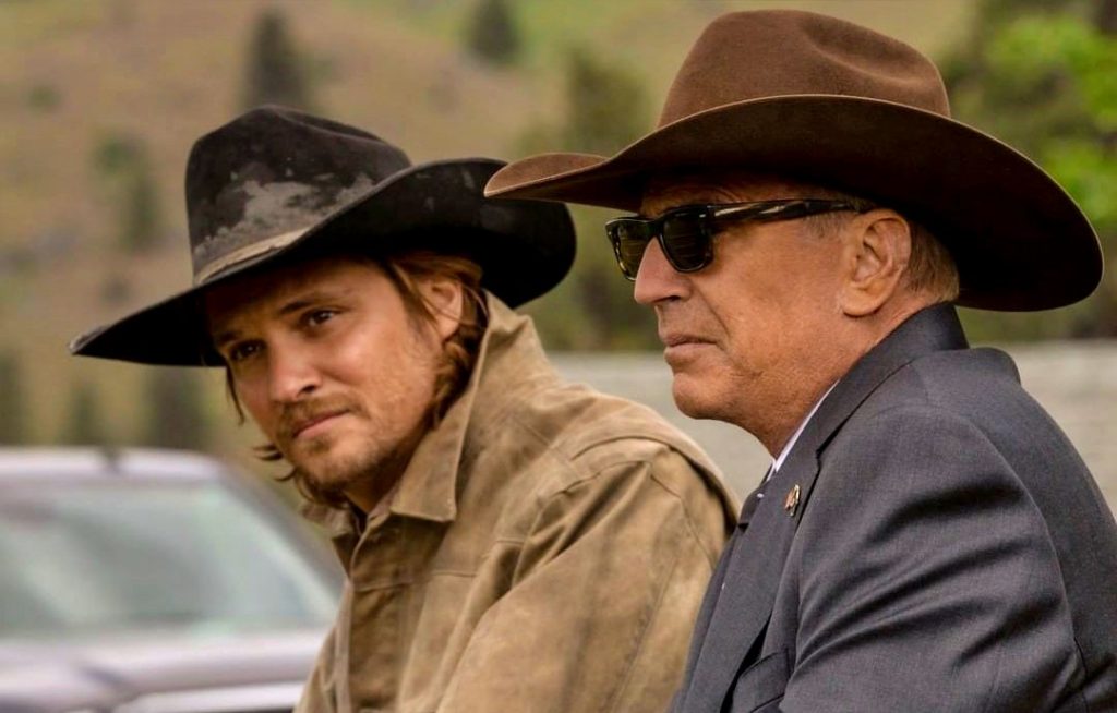 Luke Grimes as Kayce Dutton and Kevin Costner as John Dutton in Yellowstone