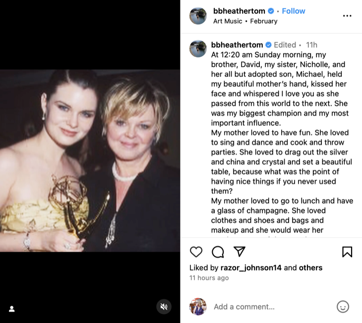 The Bold And The Beautiful Star Heather Tom's Heartbreak After Mother Passes Away