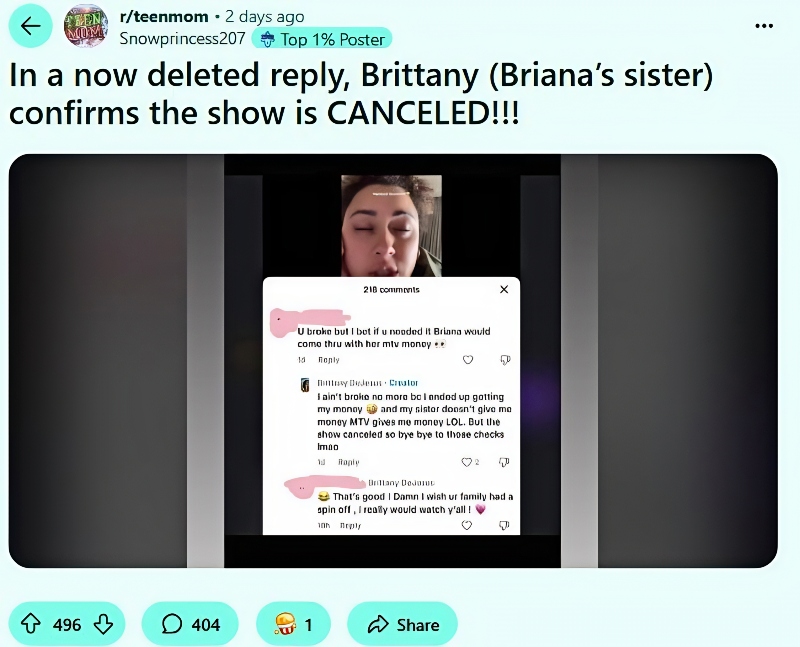 Brittany comments on the end of the show - Via Reddit