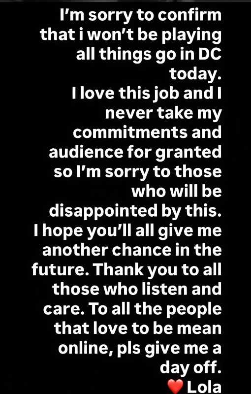 Lola pens a message to her fans - Instagram