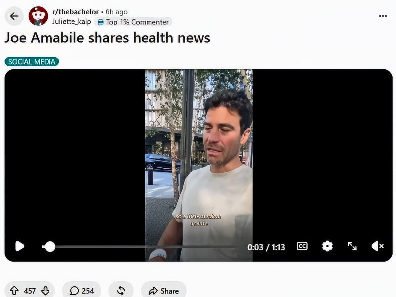 Joe's health news via Reddit Rthebachelor sub
