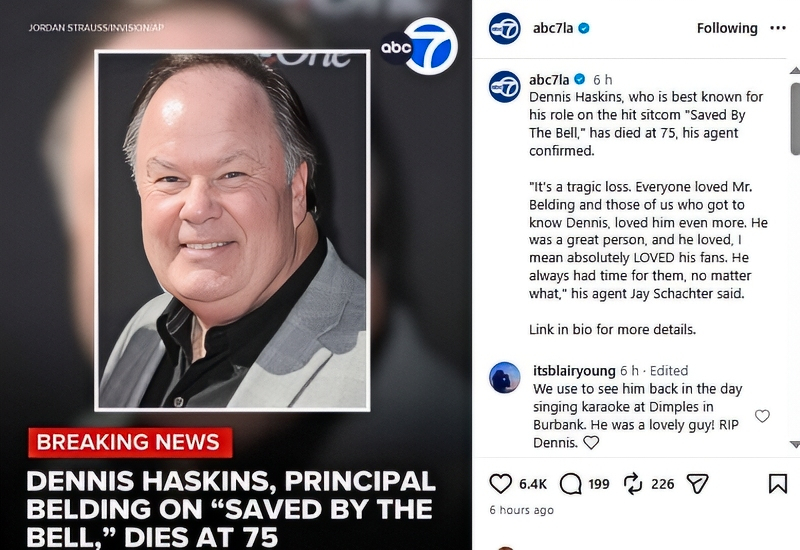 ABC7la shared the sad news on Instagram